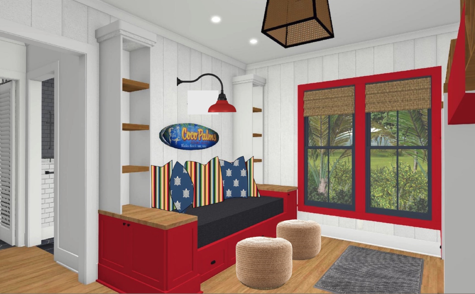 Rendering of the bunk room's twin XL bed, a red built-in daybed with open shelving and a Coco Palms sign above it